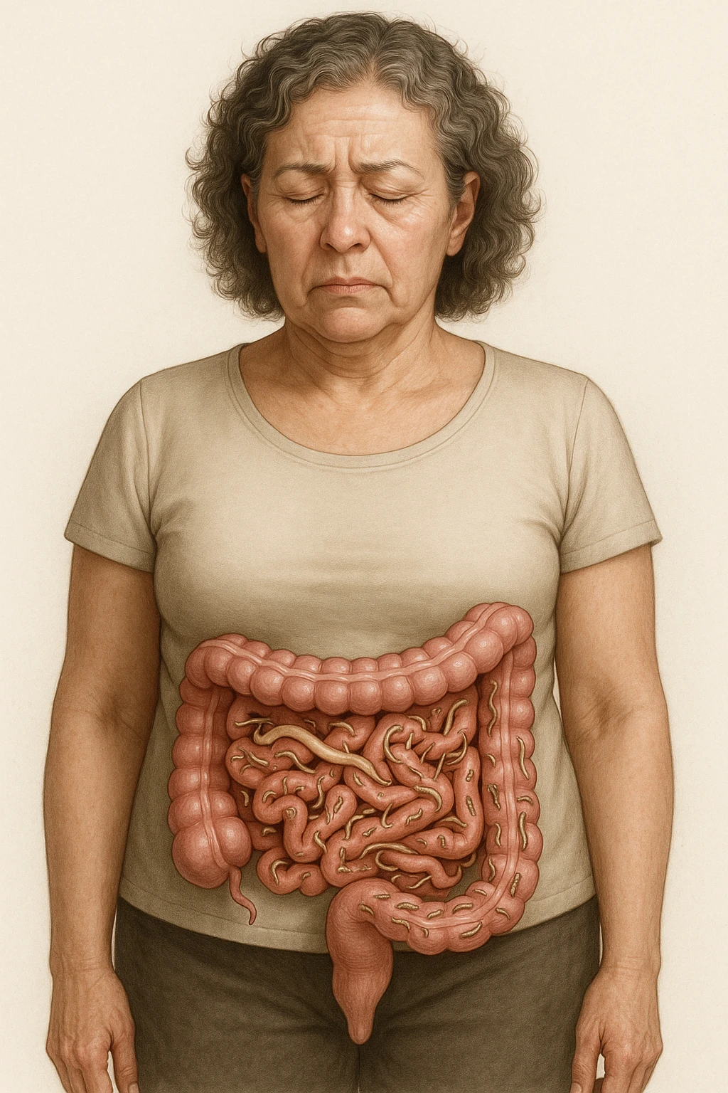 Donna in menopausa con intestino ricco di parassiti intestinali. Immagini realistiche emoji