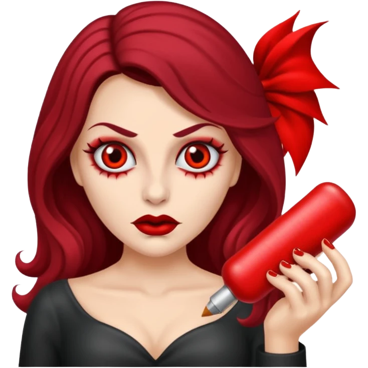 vampira de pele cinza com os olhos vermelhos, cabelos longos e ondulados, com o dedo apontando para a bochecha emoji