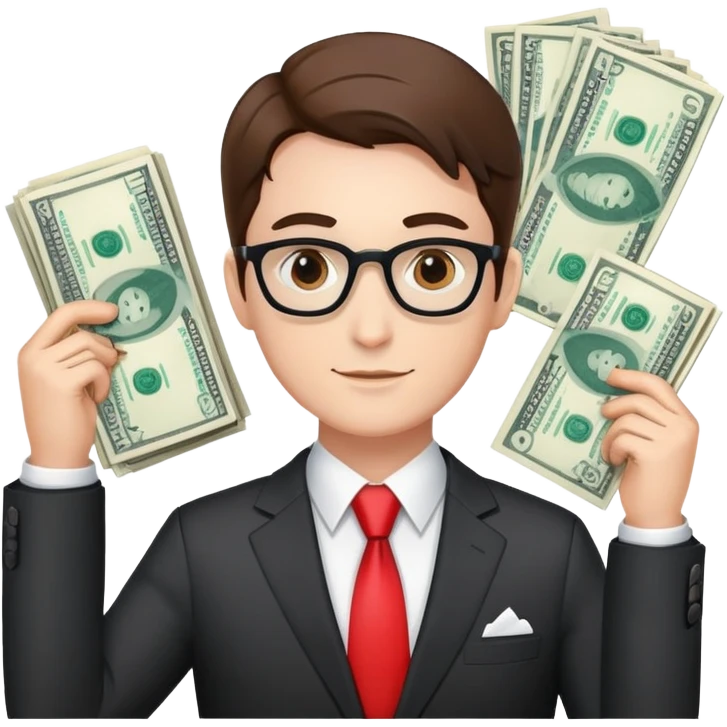 Swiss financial expert with business suit, Swiss flag pin, charts and money emoji