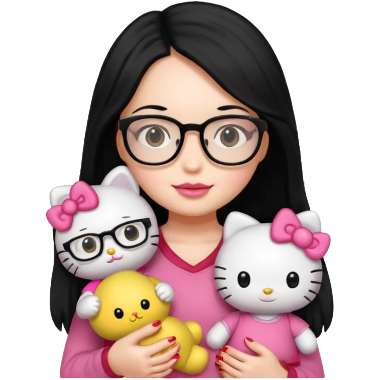 Nails cute with hello kitty wear glasses black long  hair, wear yellow shirt , red nails , big hello kitty doll emoji