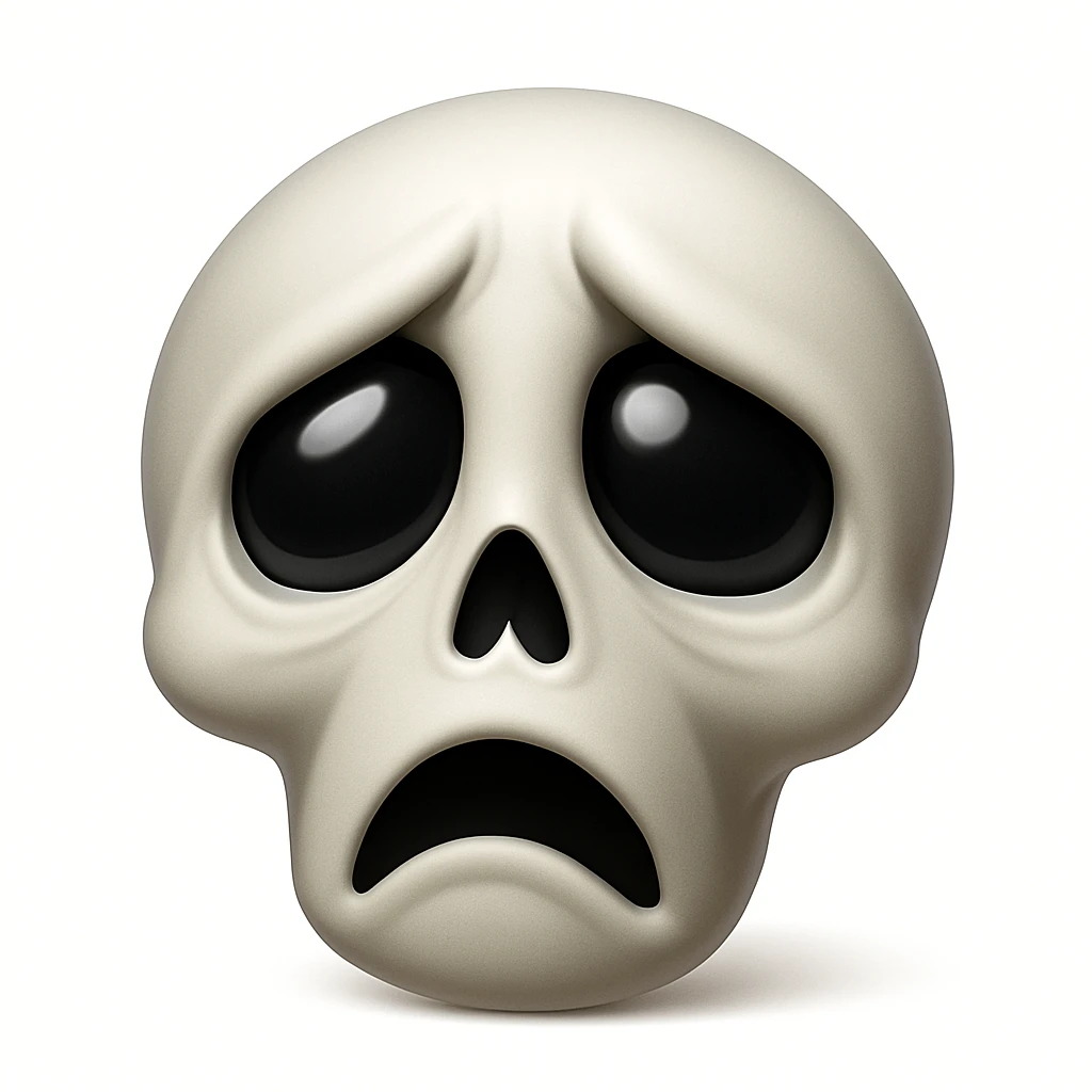 Make a sad skeleton face emoji exactly like the reference image, in iOS emoji style. Same expression, shape, and details, smooth and shiny. Add a soft shadow. emoji
