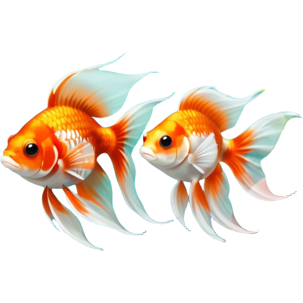 Large aquarium fish like veil tails and lionhead goldfish swimming gracefully in a beautifully decorated aquarium. Colorful aquatic plants, smooth rocks, and gentle bubbles surround the fish. The water shimmers in sunlight, creating a peaceful and vibrant underwater scene. Transparent background. emoji