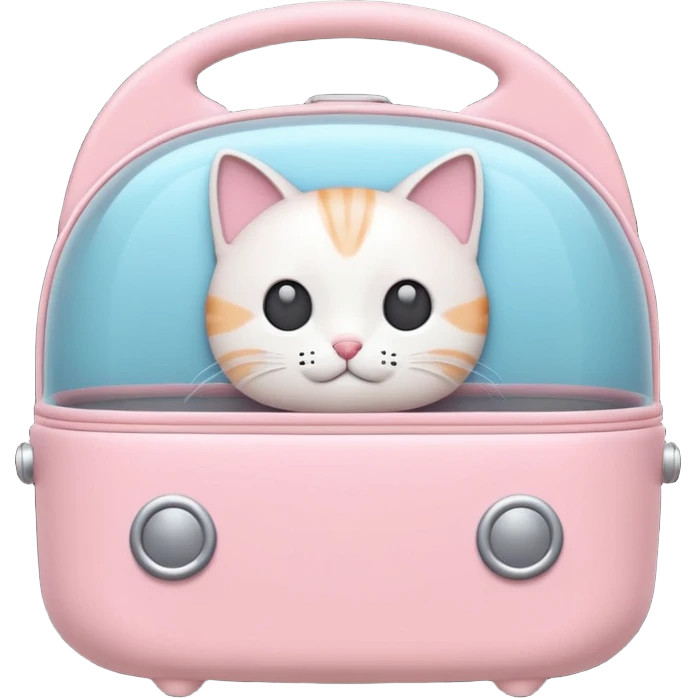 A cute emoji-style cat carrier — rounded, soft edges, cartoon-like design, pastel colors, with a small handle on top and tiny ventilation holes on the side. Simple, minimal details, high contrast, clean outline. emoji