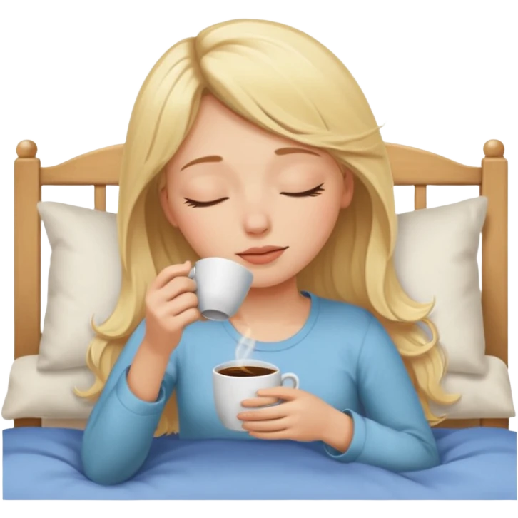 Blonde white skined girl who closes her eyes and smells coffee while drinking coffee in her bed emoji