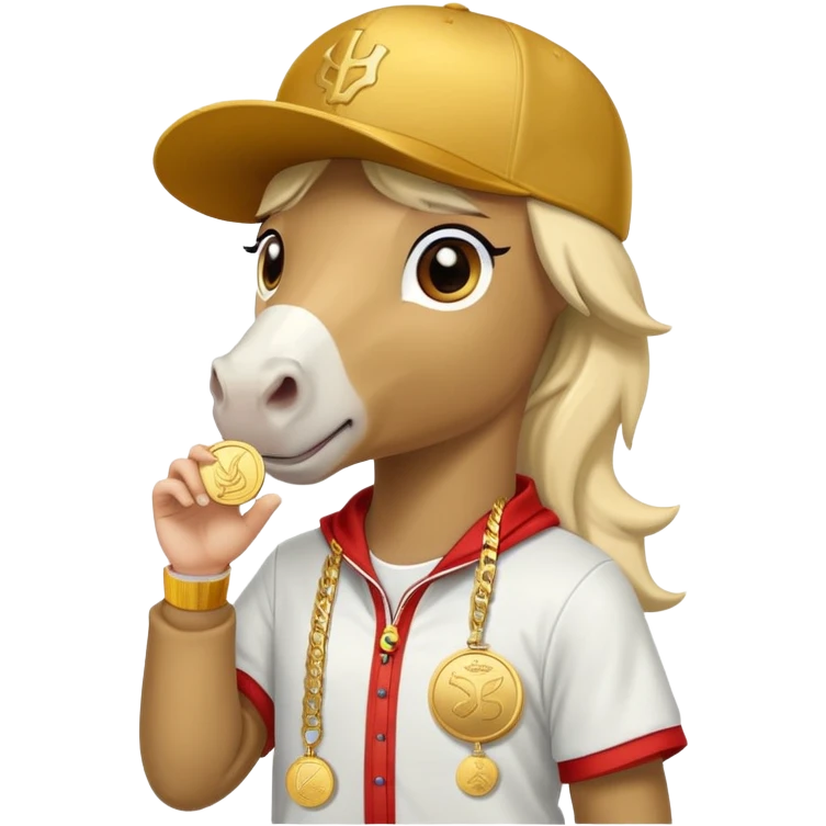 anthropomorphised horse in a hip-hop outfit, wearing a gold medal and a baseball hat emoji