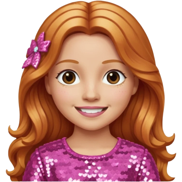 Carrie White with light skin, long reddish blonde hair, pink sequin outfit emoji