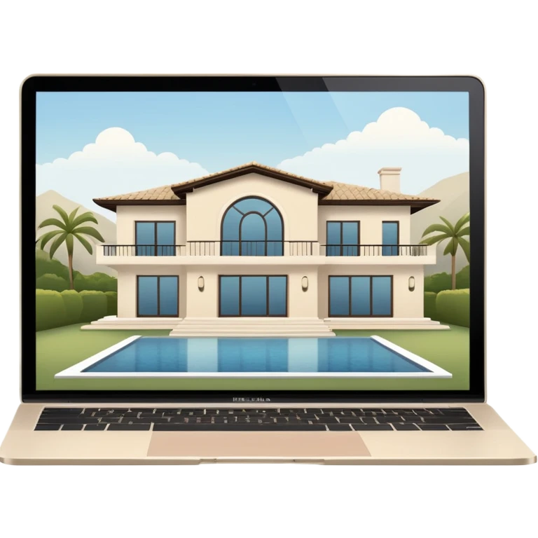 
light beige open macbook sideways with luxury villa on screensaver emoji