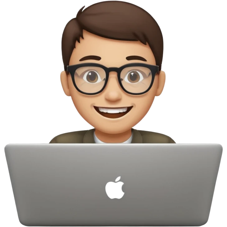 smiling coder with big glasses and buck teeth, working on a laptop, simple, clear emoji