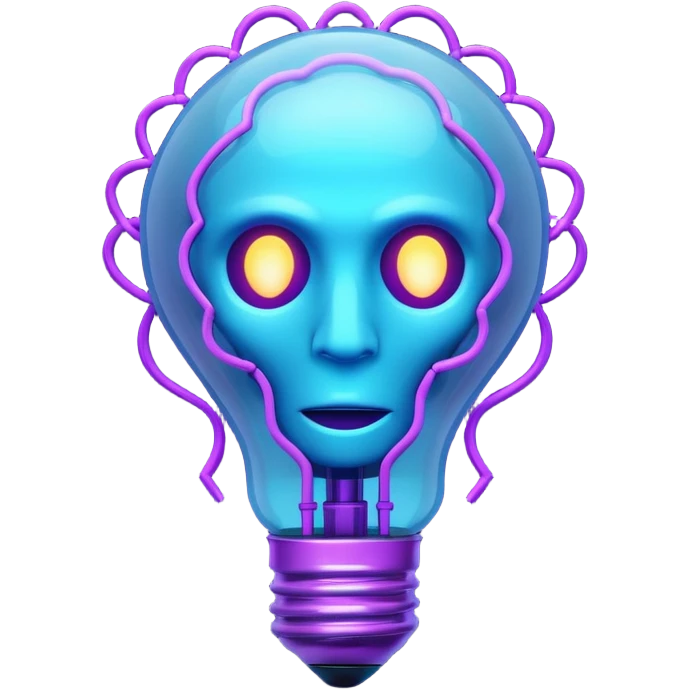 A stylized 3D emoji icon of a futuristic lightbulb. The filament inside is a glowing digital brain structure. The colors are a gradient of electric blue and purple neon light, with glowing edges. Minimalist, digital art aesthetic, emoji