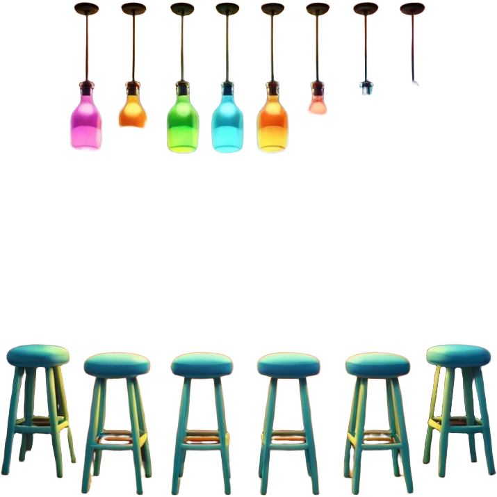 A 3D cartoon bar interior with a counter, glowing shelves of colorful bottles, tall stools, and hanging lights, warm ambient lighting, realistic reflections, Memoji-style. emoji