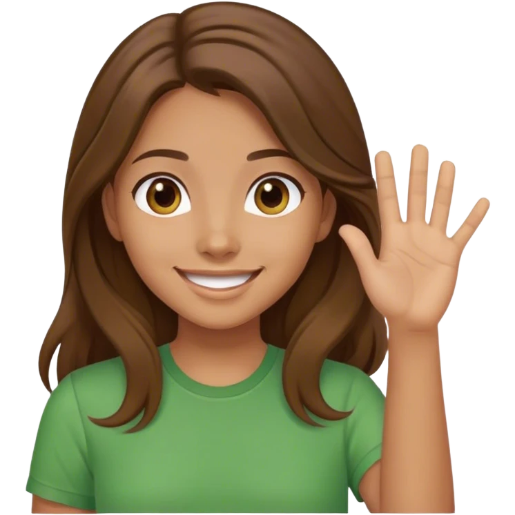 smiling girl with long brown hair, middle hair part, waving, green shirt emoji