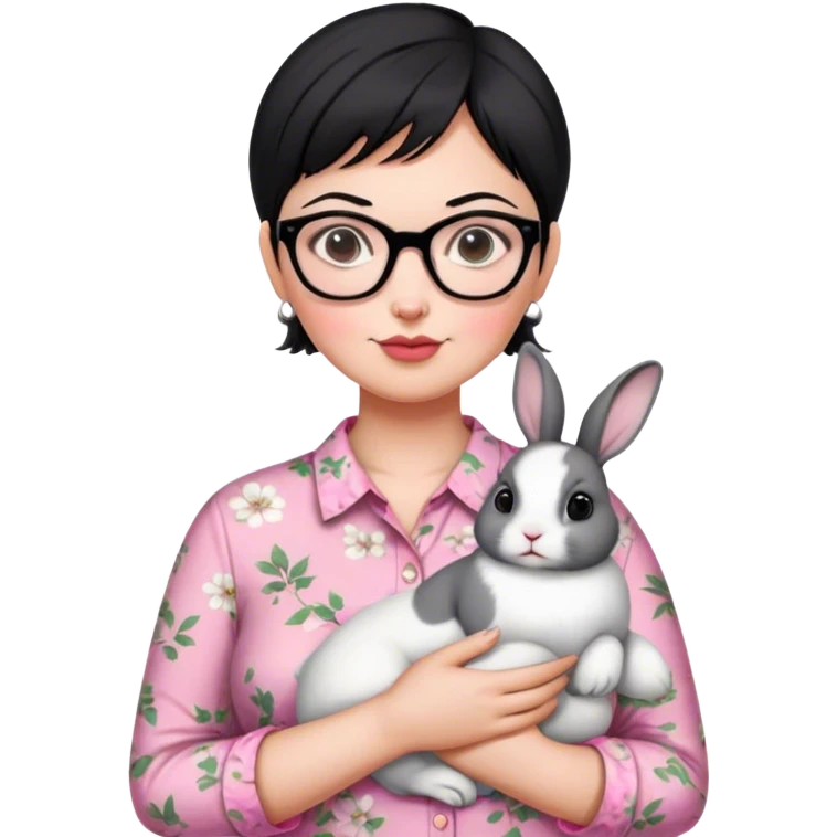 ผู้หญิงผมสั้นสีดำ ตัวอวบ ใส่แว่น ใส่เสื้อลายดอกไม้สีชมพู อุ้มกระต่ายสีขาวเทา1 ตัว กับสีขาวดำ1ตัว  emoji