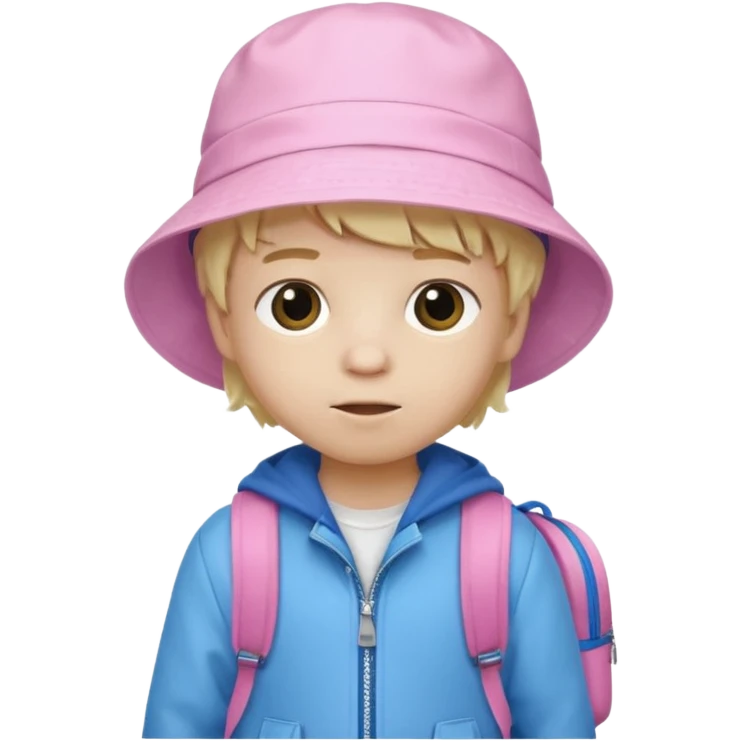 A little boy student white skin, blonde hair, with pink bucket hat, white jacket, blue backpack emoji