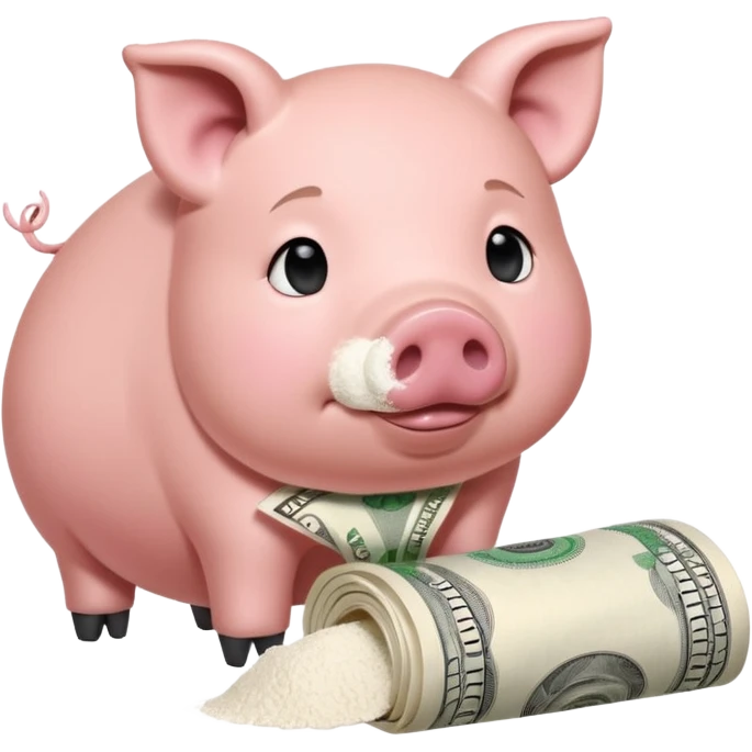 A pig with a rolled up dollar bill held to his nose looking down at a small pile of flour  emoji