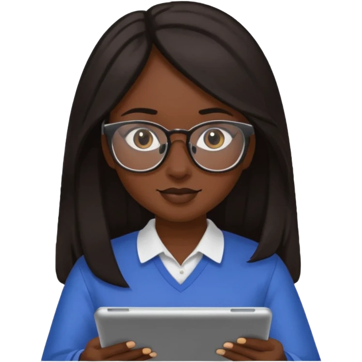 Yo, una chica de piel morena de pelo largo oscuro con lentes para ver, con la tablet trabajando  emoji