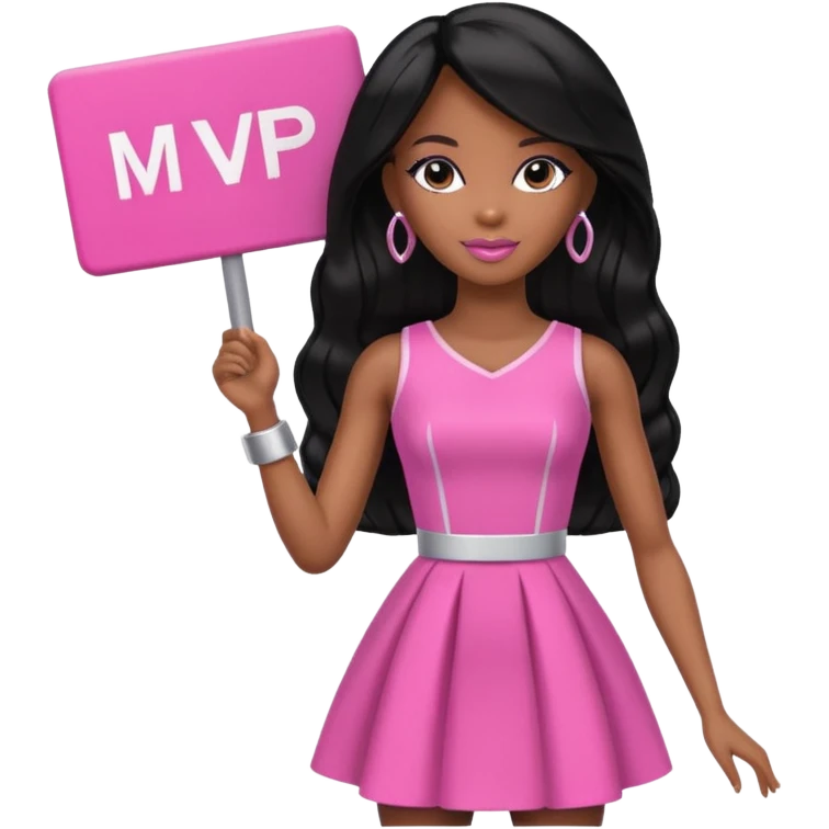 Black barbie, long black  hair, pink dress holding mvp sign  emoji