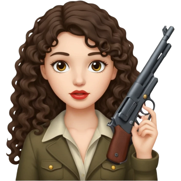 A brunette with long wavy, curly hair girl who is about to kill herself with a littlr gun pointed at her temple emoji