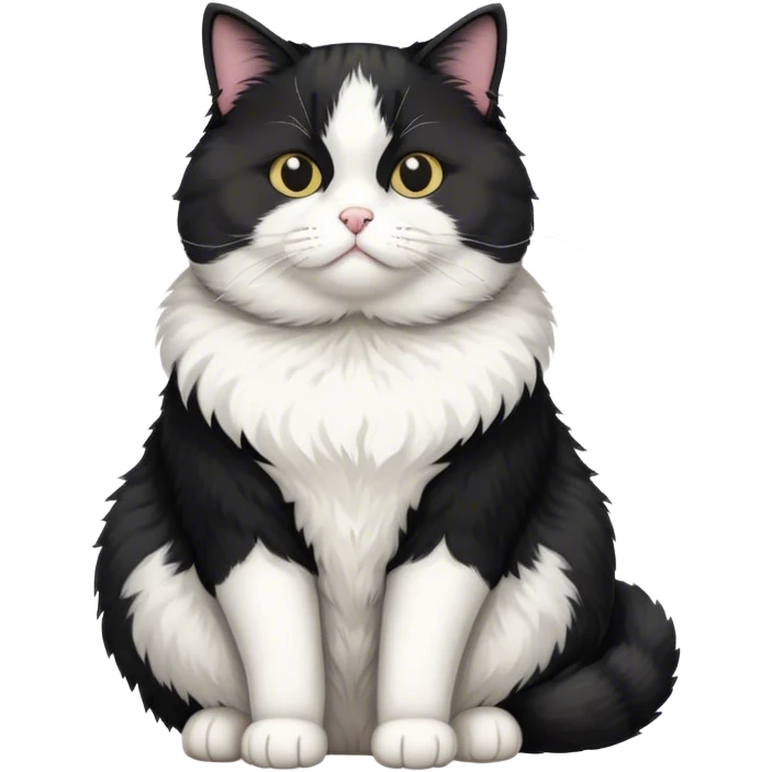Overweight Tuxedo cat sitting like a human emoji