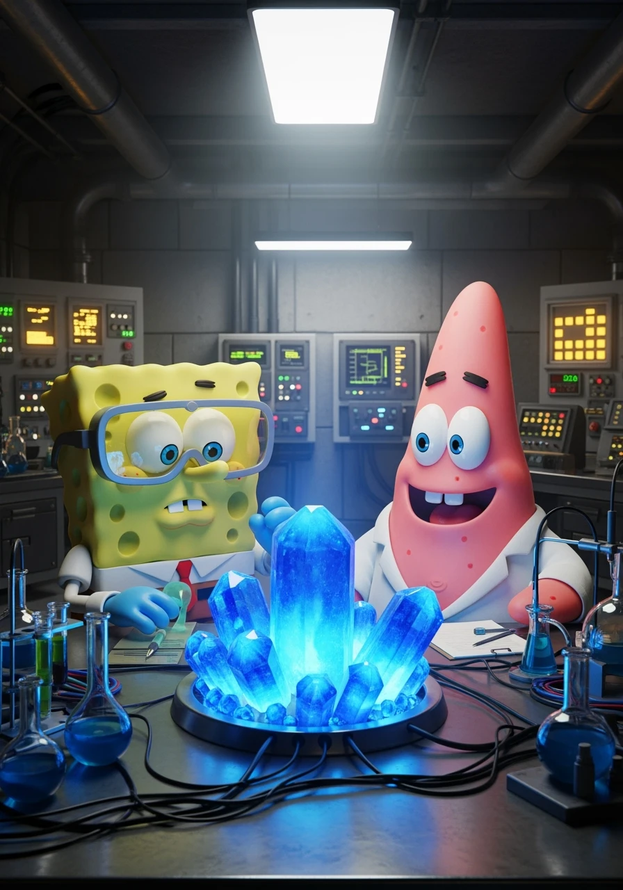 3D cienmatic cartoon shot, spongebob and patric dress in safety glasses and safe white outfit, the are standing front of table with blue crystals on table glowing (light source) science room in basement, back light, Cinema 4d render, proffesional lightning emoji