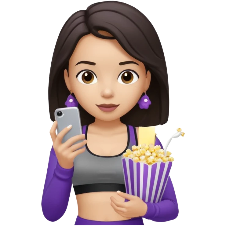 Brunette light skin Girl with black sports bra and grey sweats on her phone and eating popcorn from a purple popcorn bag emoji