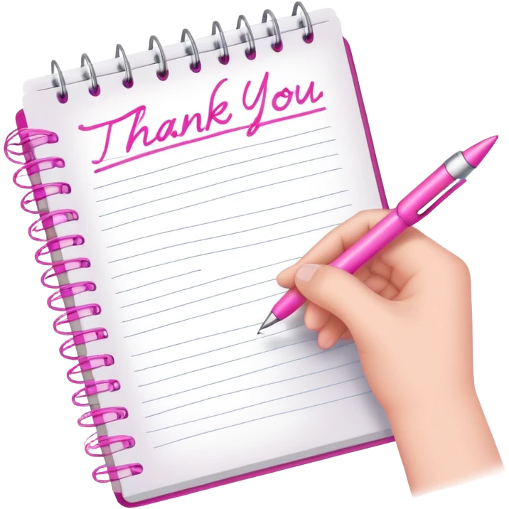 a hand writing a thank you note with a pink pen in a notebook emoji