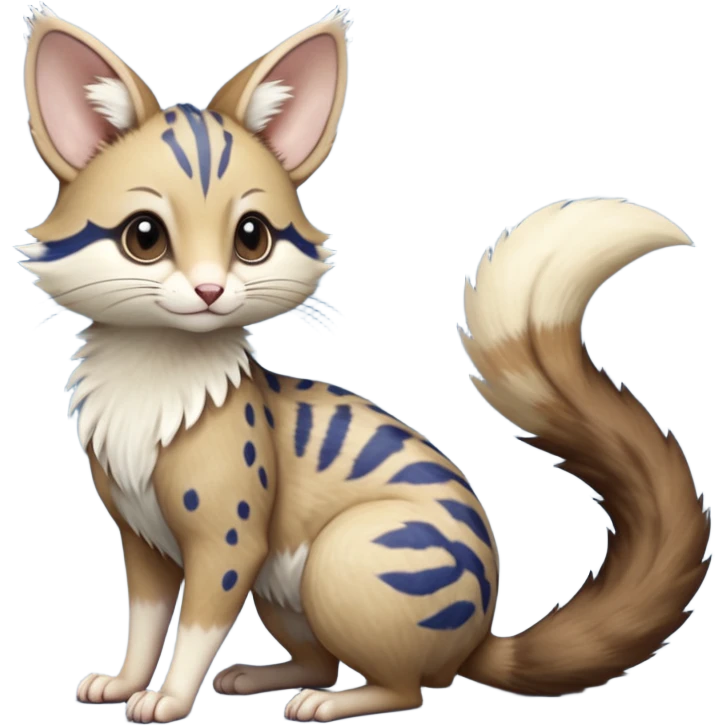 Brown, cobalt blue, beige, white, soft realistic romantic vintage antique divine beautiful elegant pretty precious cute young youthful  Fakémon-Pokémon-opossum-feline-mouse-serval-caracal-chinchilla-Minccino-Cinccino-Meowstic-rodent-hybrid-creature with a big fluffy bushy tail (full body) emoji