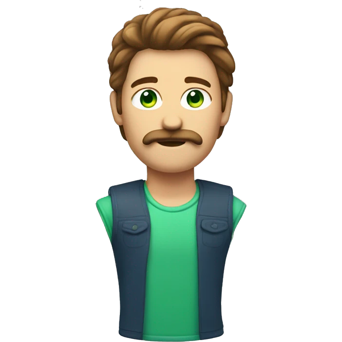 Make a guy who has a brown mullet and a moustache with green bluish eyes  emoji