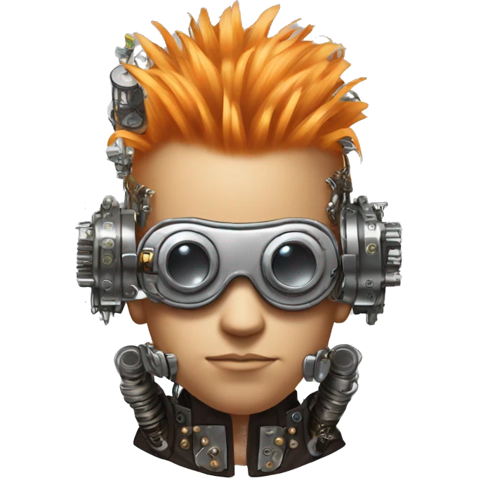 Light orange Mohawk hair male cyborg head with silver steampunk goggles and circuits emoji