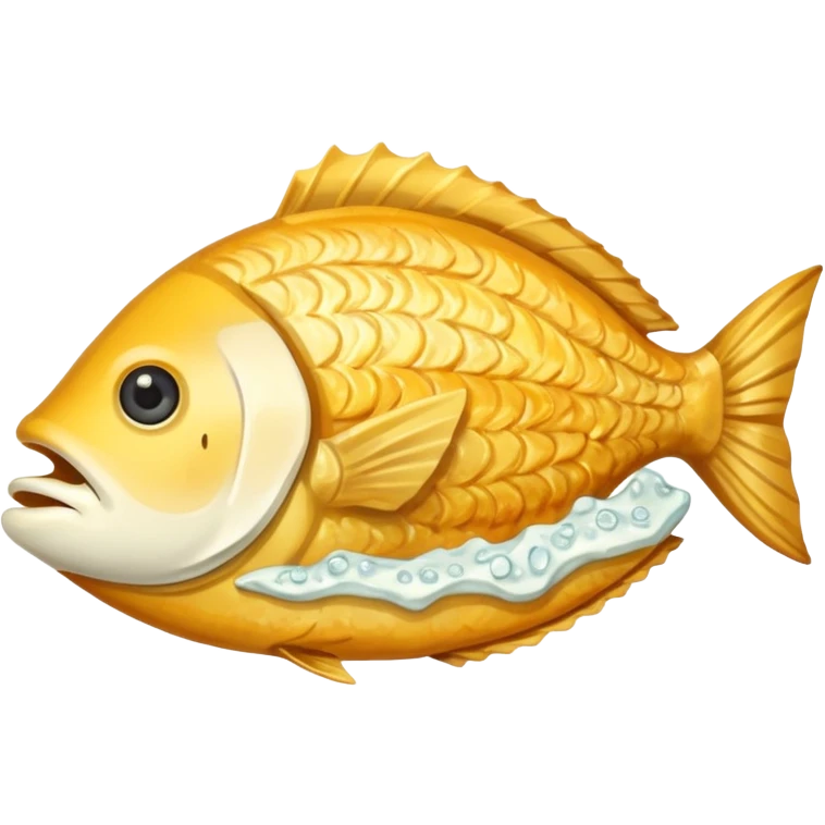 Create a realistic fried fish piece served with sauce & garnish. emoji