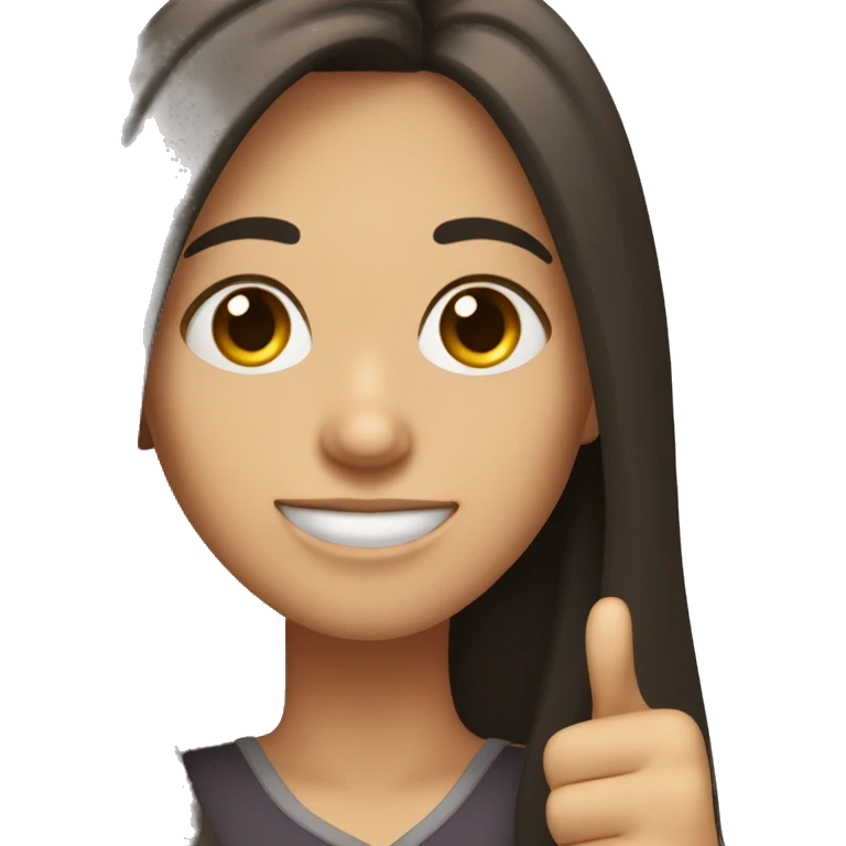 dark brown hair woman with long hair fringe, with hazel eyes, thumbs up, winking emoji