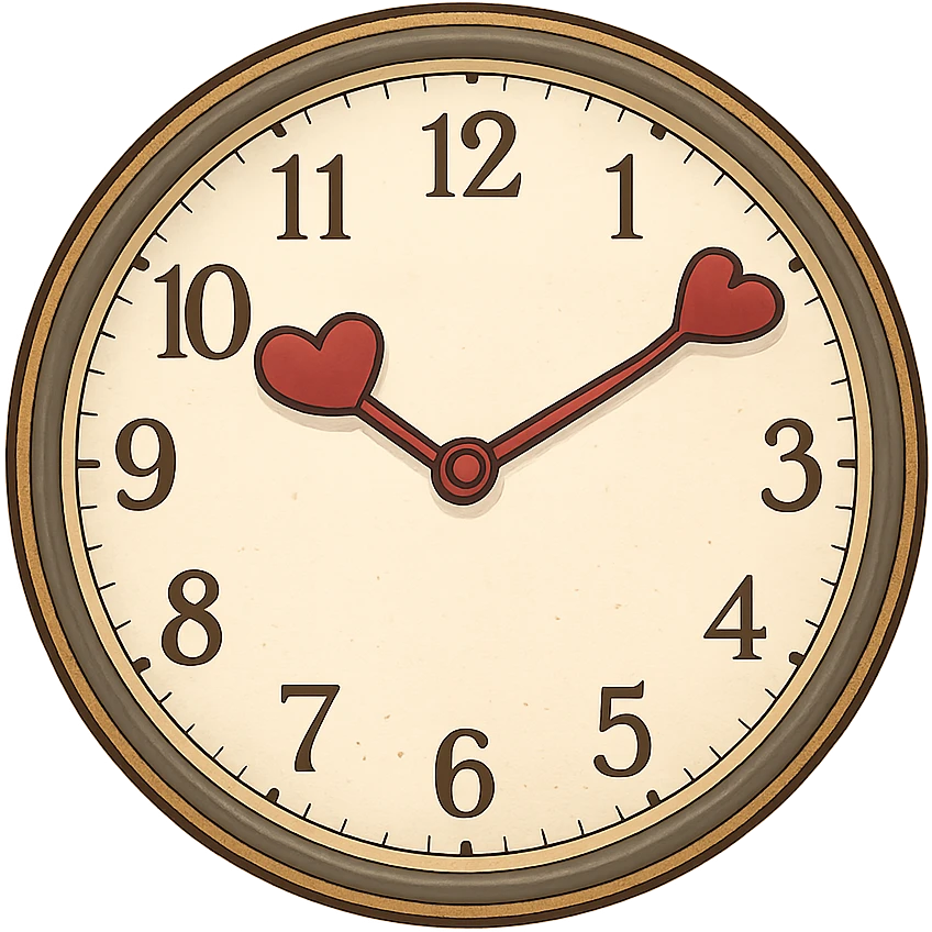 romantic clock with heart-shaped hands, no background emoji