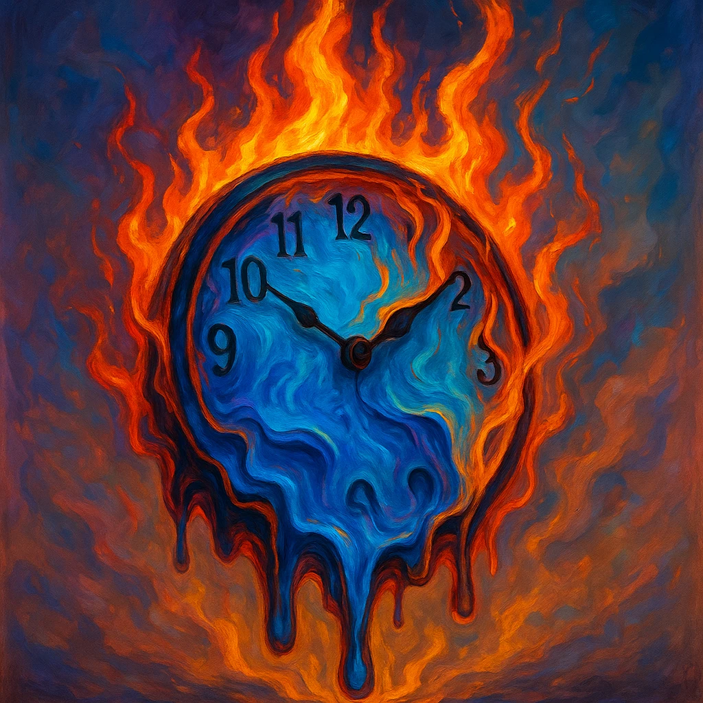 burning clock with flames, time melting, surreal style, vibrant colors emoji