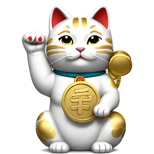 Japanese white maneki neko cat with its left arm raised and its right arm holding a golden koban coin emoji