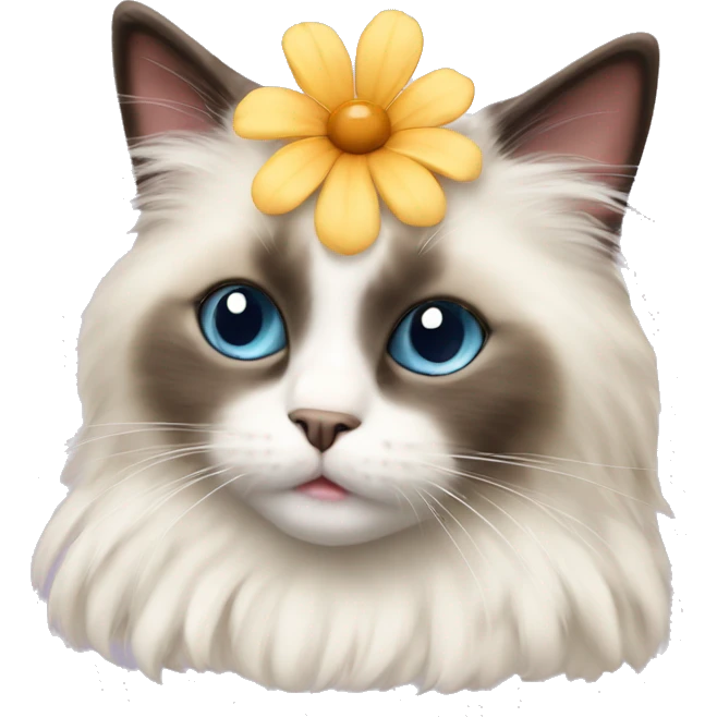 Cute small fluffy ragdoll cat with a flower on its head emoji