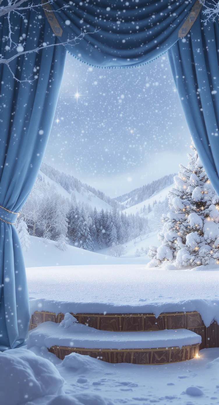 Cinematic still of a winter landcape, snowy stage, next to stage christmas tree in snow, in background we can see beautifull snowy landscape, soft light, symmetrical emoji