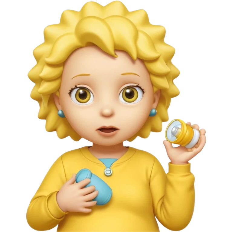 A 3D cartoon baby character yellow, yellow skin, styled like Maggie Simpson, with pacifier, yellow onesie, big eyes, smooth shading, Memoji-style rendering, consistent with other yellow Simpsons characters. emoji