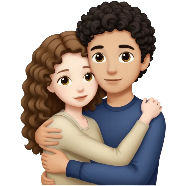 girl with long light brown hair and pale skin hugging a boy with short black curly hair and tanned skin emoji