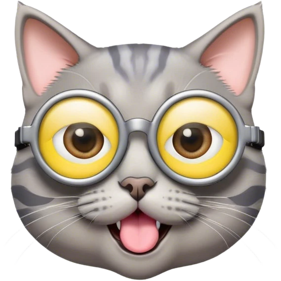 Gray Cat that has tongue out wearing minion glasses emoji