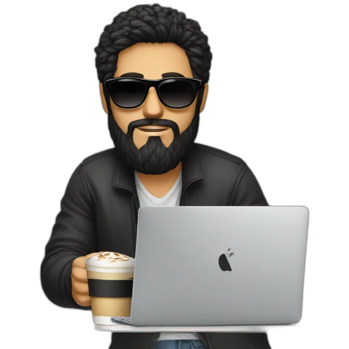 Designer with black hair, beard and round sunglasses working with MacBook and drinking cappuccino  emoji