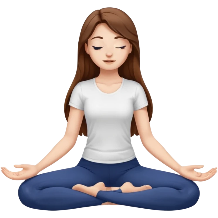 Brown long haired white girl with closed eyes in dark blue leggings and a white t-shirt sits on the splits emoji