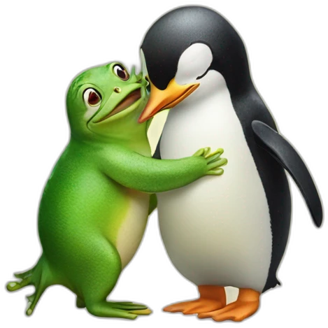 Penguin and a frog hugging emoji