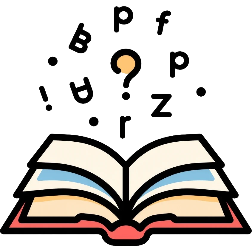 Literacy app icon with open book and alphabet letters floating above it emoji