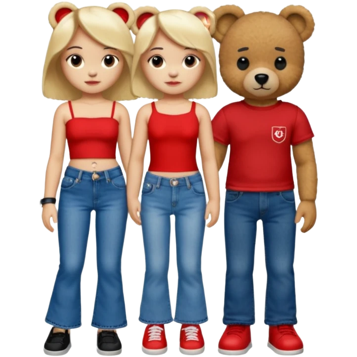 A boy and a girl teddy bear for the boy bear put on true religion shirt and jeans with black shoes and for the girl put flare jeans and a red tube top and white shoes just bears not the humans  emoji