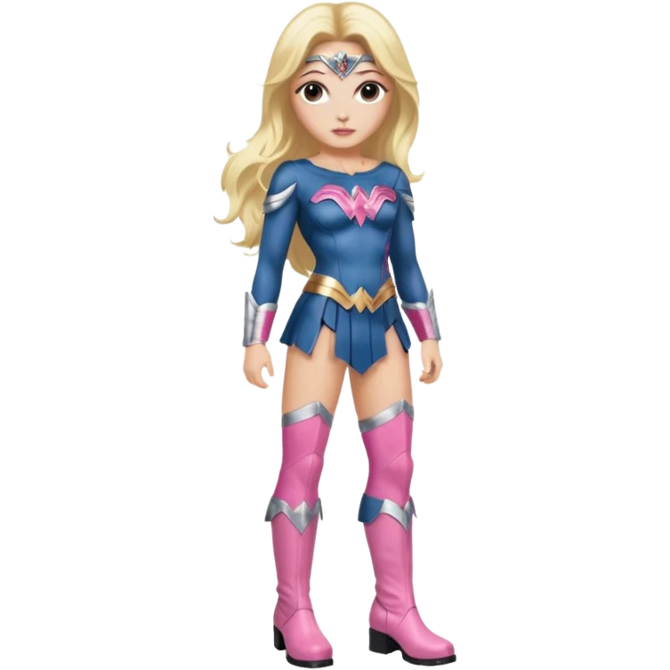 Wonderwoman, long blond hair with pink highlights, black-pink leather outfit, white knee high boots emoji