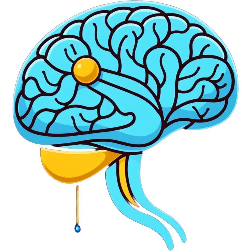 Cute sticker of a pearly blue capsule floating before a stylized brain with golden sparks forming a neural network pattern. A small liver icon glows nearby, all within a gentle swirling aura representing mental clarity and body connection emoji