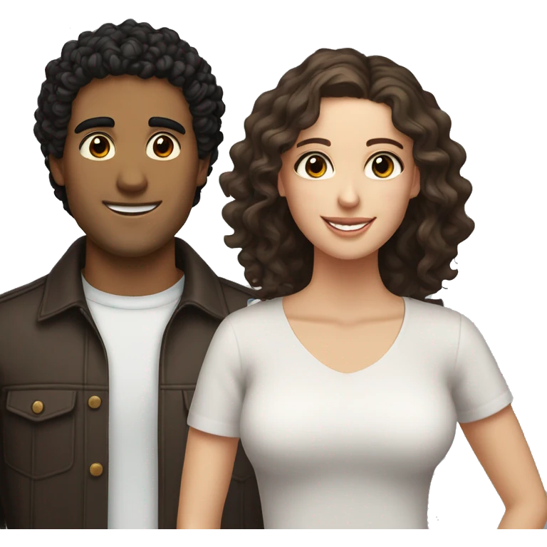 Hispanic male with black curly hair and straight brown eyes smiling next to white female with brown hair and hazel eyes emoji