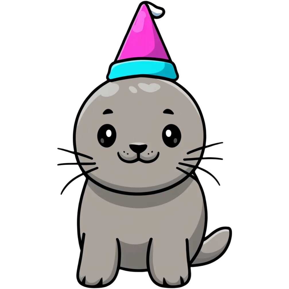 A cute seal wearing a colorful party hat, similar to a sustainable fuel plant logo emoji