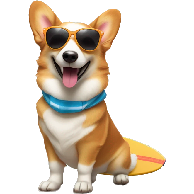 Playful Welsh corgi with a big smile, wearing cool sunglasses and holding a mini surfboard, giving off a summer beach vibe emoji
