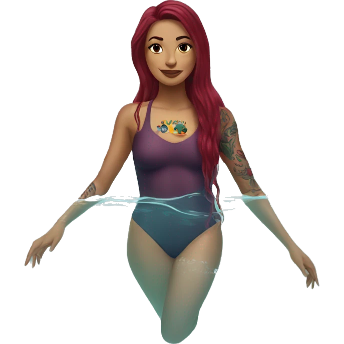 Beautiful tattooed  burgundy long haired woman swimming in a pool emoji