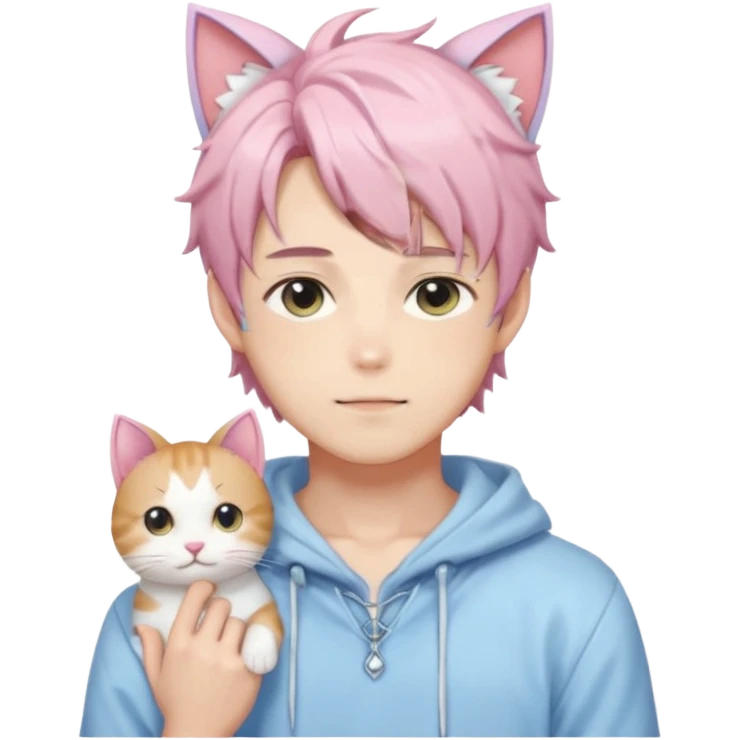 Shiny Blushing Cute Kawaii Handsome Shota Anime Man with Cat Ears Trending Style Cottagecore Pastelcore  emoji